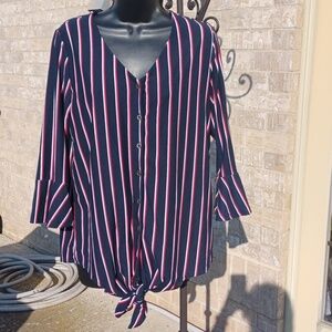 By Design Red White & Blue striped tshirt blouse, bell sleeves, bottom tie, sz M